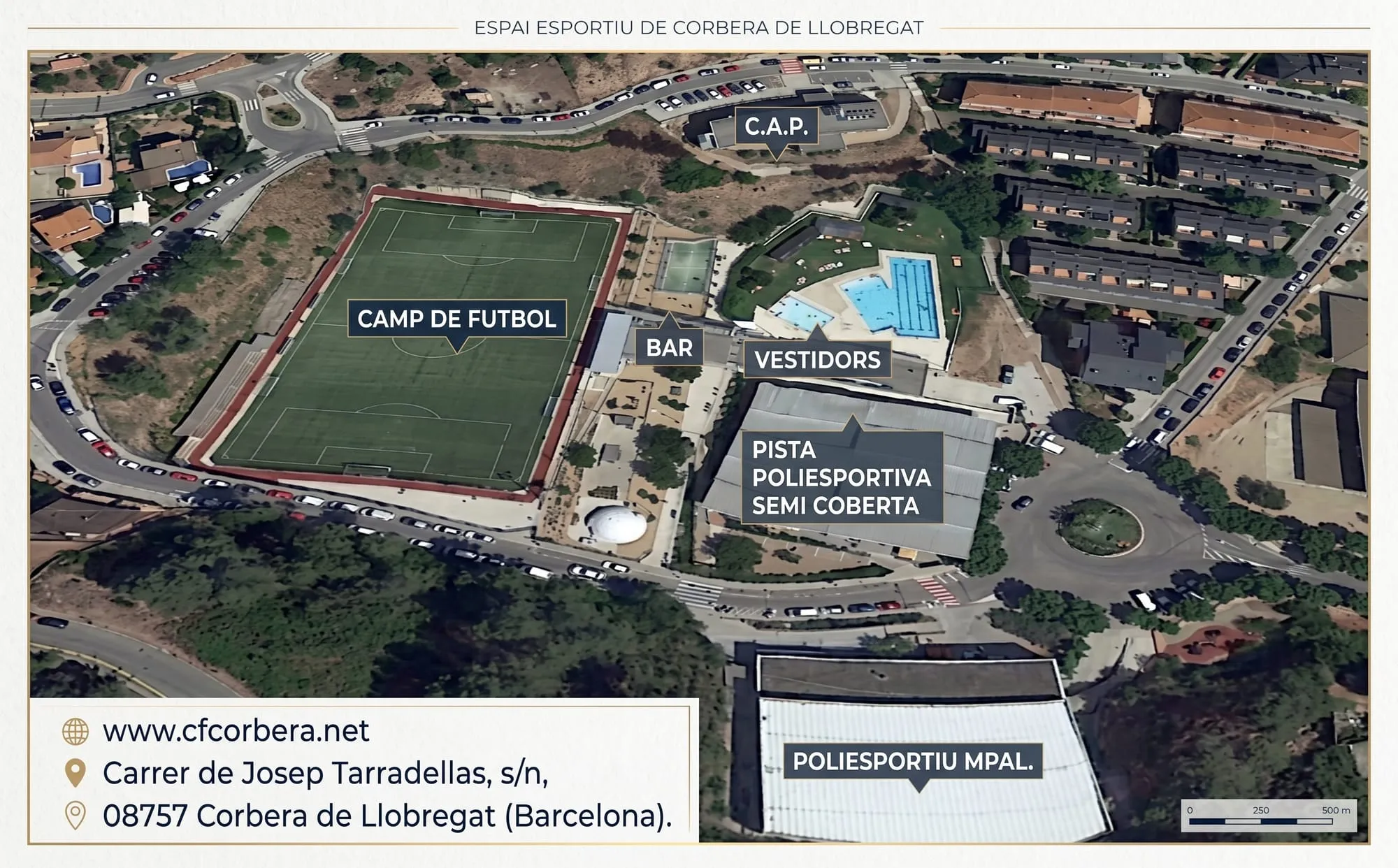 Mapa aéreo del complejo deportivo de Corbera de Llobregat: el campo de fútbol, el bar, los vestuarios, la pista polideportiva semicubierta y el polideportivo municipal