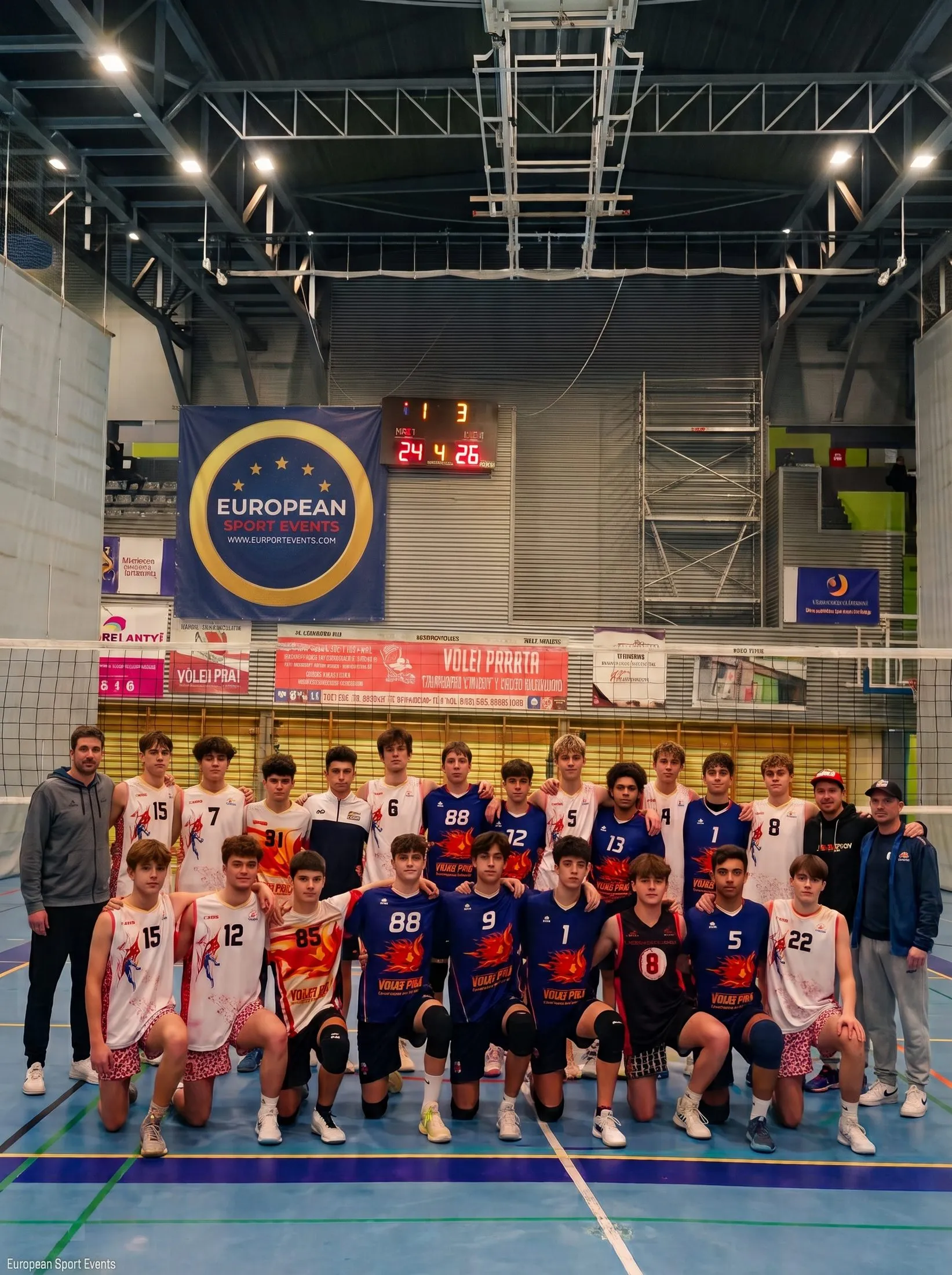 Dos equipos de voleibol juntos en un pabellón